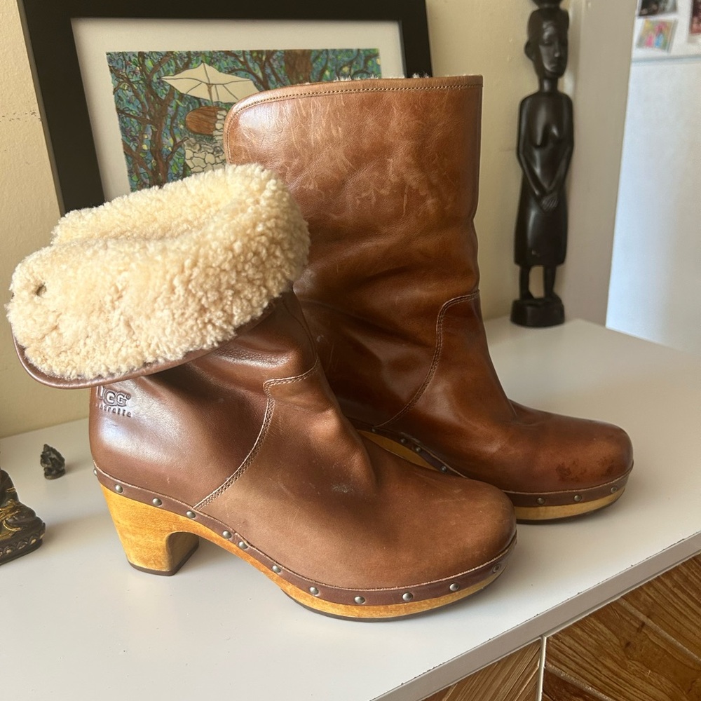 UGG Brown Leather Shearling-Trim Clog Boots